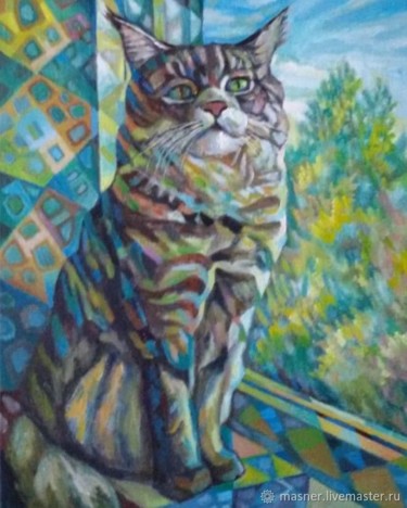 Картина под названием "To see a cat on the…" - Igor Sem, Подлинное произведение искусства, Масло Установлен на Деревянная ра…