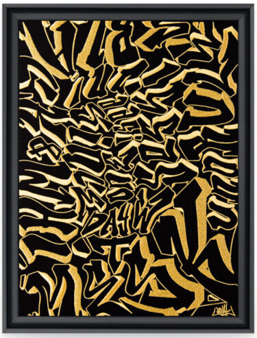 Textile Art titled "Golden Letterz, 2021" by Papa Mesk, Original Artwork, Embroidery Mounted on Wood Stretcher frame