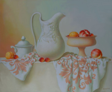 Still life with fruits,vintage jug and drapery Painting titled "Still life with fru…" by Dace Lapina, Original Artwork, Oil
