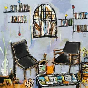 Salon de lecture au vitrail- Collection privée Peinture intitulée "Salon de lecture au…" par Muriel Cayet, Œuvre d'art originale, Acrylique Monté sur Carton