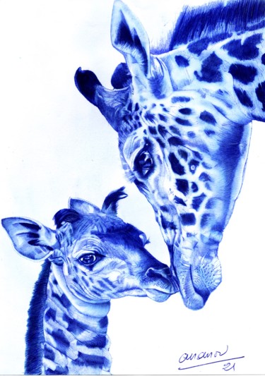 图画 标题为“La famille girafe” 由Ananou, 原创艺术品, 圆珠笔