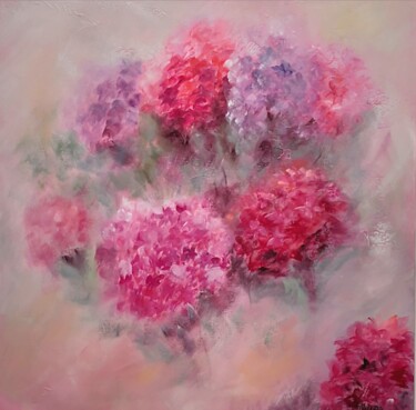 Envolée d’hortensias Peinture intitulée "Envolée d’hortensias" par Martine Gregoire, Œuvre d'art originale, Huile Monté sur Châssis en bois
