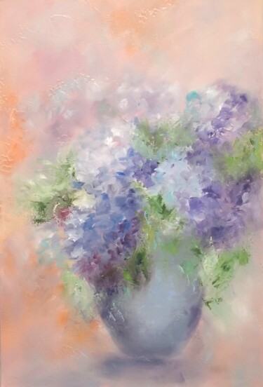 Bouquet d’hortensias bleus Peinture intitulée "Bouquet d’hortensia…" par Martine Gregoire, Œuvre d'art originale, Huile Monté sur Châssis en bois