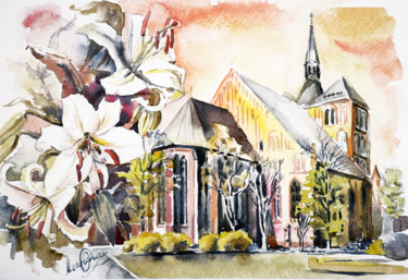 Old Church in Europe Schilderij getiteld "Old Church in Europe" door Olga Larina, Origineel Kunstwerk, Aquarel