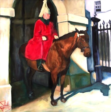 Horse Guard Painting titled "Horse Guard" by Justine Lemaire, Original Artwork, Oil Mounted on Wood Stretcher frame
