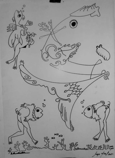 Drawing titled ""La vida marina"" by Jorge Miño, Original Artwork, Ink