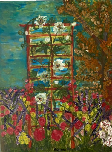 An apricot in a garden. Viorica Hagianu.Oil on canvas Painting titled "An apricot in a gar…" by Viorica Hagianu, Original Artwork, Oil Mounted on Wood Stretcher frame