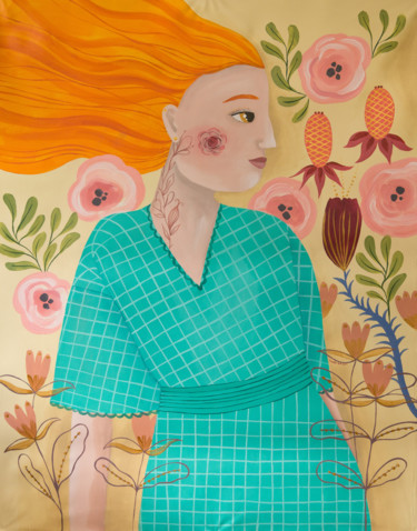 Retrato de mujer. Peonia. Acrilico sobre lienzo. Deco Pintura titulada "Retrato de mujer. P…" por Valeria Cis, Obra de arte original, Acrílico
