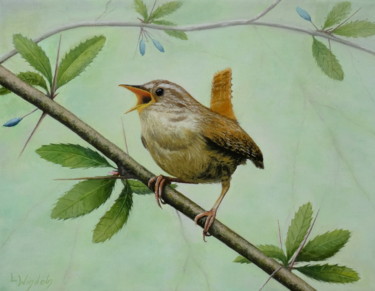 Schilderij getiteld "Zaunkönig" door Leo Windeln, Origineel Kunstwerk, Olie