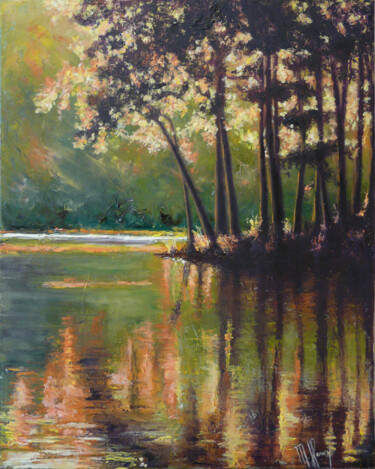 Peinture intitulée "Arbres et reflets 1" par Muriel Henry, Œuvre d'art originale, Huile Monté sur Châssis en bois