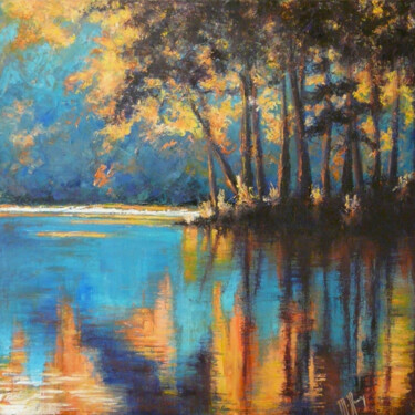 Peinture intitulée "Arbres paysage bleu" par Muriel Henry, Œuvre d'art originale, Huile Monté sur Châssis en bois