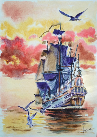 Sailing ship Pittura intitolato "Sailing ship" da Olga Larina, Opera d'arte originale, Acquarello