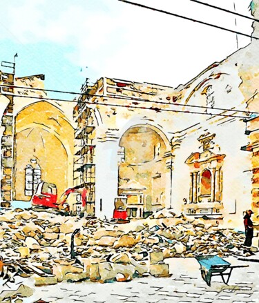 Escavatrici sulle macerie della chiesa diroccata