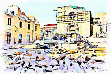 Piazza con macerie e chiesa