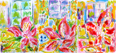 Malerei mit dem Titel "Triptyque Hibiscus" von Jean Mirre, Original-Kunstwerk, Öl