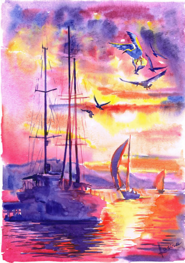 Yachts at sunset Ζωγραφική με τίτλο "Yachts at sunset" από Olga Larina, Αυθεντικά έργα τέχνης, Ακουαρέλα