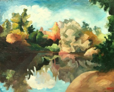 Painting titled "Pond in autumn" by Horia Solomon, Original Artwork, Oil