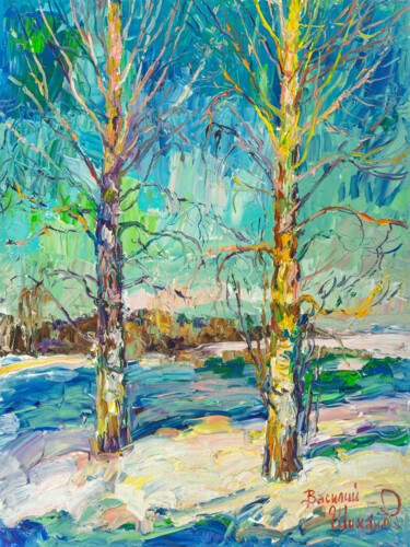 Peinture intitulée "Февраль березки в Т…" par Vasilii Shikhanov, Œuvre d'art originale, Huile Monté sur Châssis en bois