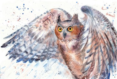 绘画 标题为“Owl with spread win…” 由Alyona Masterkova, 原创艺术品, 水彩