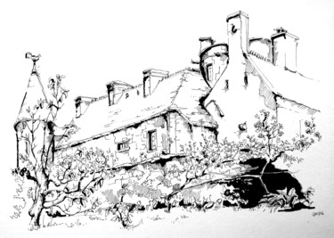 Drawing titled "Château de Vauville" by Veronique Gaudin, Original Artwork, Ink