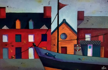 Peinture intitulée "Maisons rouges" par Marie-Pierre Jan, Œuvre d'art originale, Acrylique Monté sur Châssis en bois