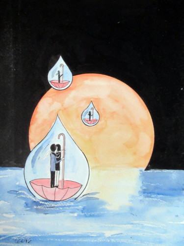 Peinture intitulée "dans des gouttes d'…" par Ludovic Catry, Œuvre d'art originale, Aquarelle