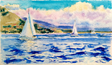 Coast with sailboats Ζωγραφική με τίτλο "Coast with sailboats" από Olga Larina, Αυθεντικά έργα τέχνης, Ακουαρέλα