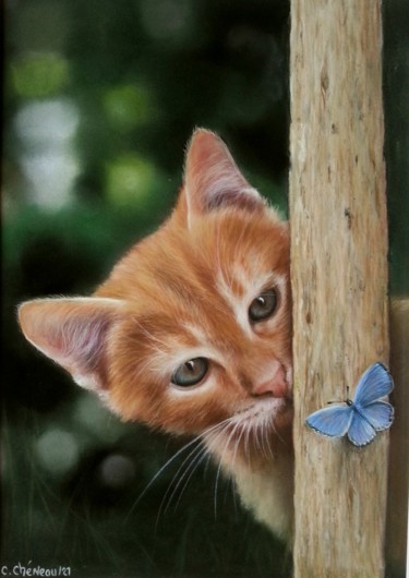 绘画 标题为“Chat et papillon” 由Cathy Cheneau, 原创艺术品, 粉彩
