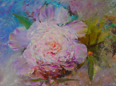 Pale pink peony bud - Landscape with a blooming peony. Painting titled "Pale pink peony bud…" by Marina Skromova, Original Artwork, Oil