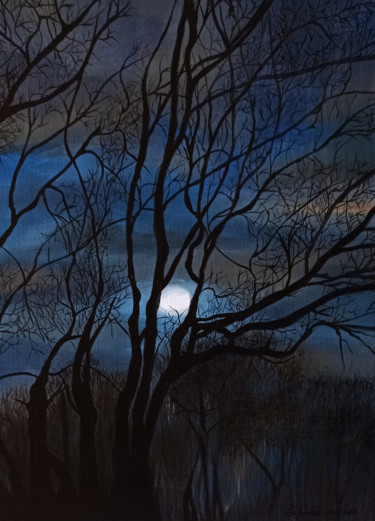 Mysterious night Painting titled "Mysterious night" by Olesya Zaripova (ROZ), Original Artwork, Oil Mounted on Wood Stretcher frame