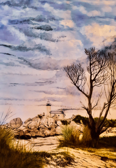 Peinture intitulée "phare de Brignogan" par Gilles Mathieu, Œuvre d'art originale, Aquarelle