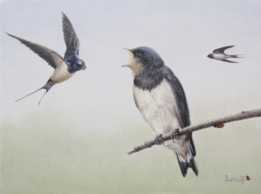Painting titled "Une famille d'hiron…" by Reza Sarrafi, Original Artwork, Oil
