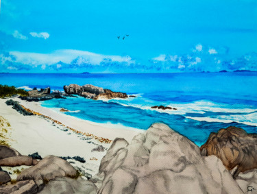 Peinture intitulée "plage tropicale" par Gilles Mathieu, Œuvre d'art originale, Aquarelle
