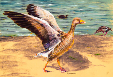 Gray wild goose. Pastel painting. Realism. 제목이 "Gray wild goose. Pa…"인 미술작품 Виктория Гаман로, 원작, 파스텔