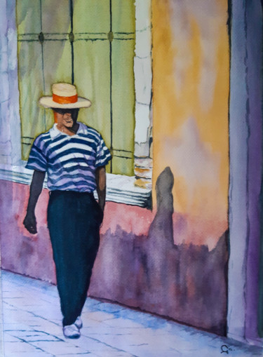 Painting titled "gondolier à l'ombre…" by Gilles Mathieu, Original Artwork, Watercolor