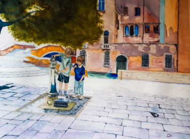Peinture intitulée "Enfants jouant avec…" par Gilles Mathieu, Œuvre d'art originale, Aquarelle