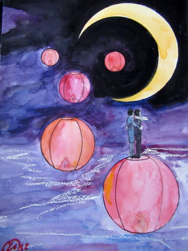 Peinture intitulée "le vol des lampions" par Ludovic Catry, Œuvre d'art originale, Aquarelle
