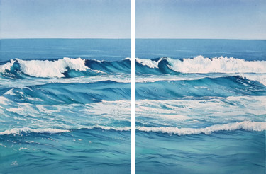Diptych Seascape with splashing waves Painting titled "Diptych Seascape wi…" by Svetlana Lileeva, Original Artwork, Watercolor