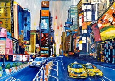 Painting titled "Times Square (XL)" by Luca Cistaro, Original Artwork, Oil Mounted on Wood Stretcher frame