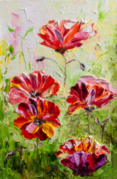 「Red flowers(framed)」というタイトルの絵画 Vladyslav Durnievによって, オリジナルのアートワーク, オイル 段ボールにマウント