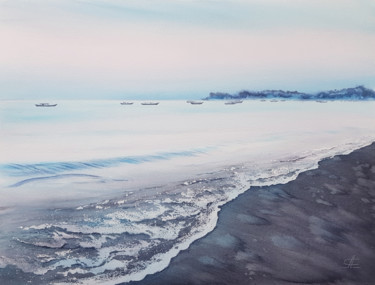 Painting titled "Seascape with boats…" by Svetlana Lileeva, Original Artwork, Watercolor