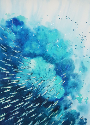 Painting titled "Seascape underwater…" by Svetlana Lileeva, Original Artwork, Watercolor