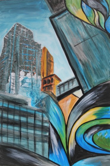 Schilderij getiteld "Clouds in a skyscra…" door Aleksandra Cherepanova, Origineel Kunstwerk, Acryl
