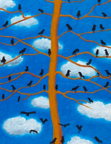 Painting titled "corbeaux" by Christine Jumaucourt, Original Artwork, Oil
