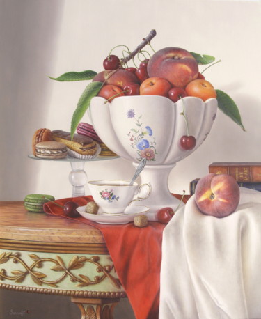 La dégustation de fruits et douceurs sucrées Peinture intitulée "La dégustation de f…" par Reza Sarrafi, Œuvre d'art originale, Huile Monté sur Châssis en bois