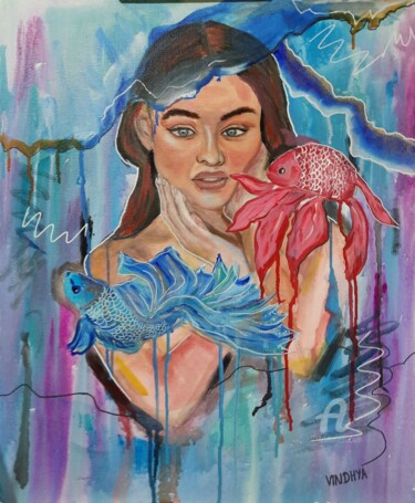 Goldfish Painting titled "Goldfish" by Vindhya Acharya, Original Artwork, Acrylic Mounted on Wood Stretcher frame