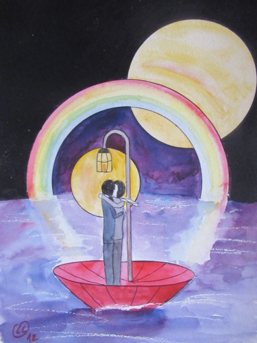 le doux baiser sous un arc en ciel Peinture intitulée "le doux baiser sous…" par Ludovic Catry, Œuvre d'art originale, Aquarelle