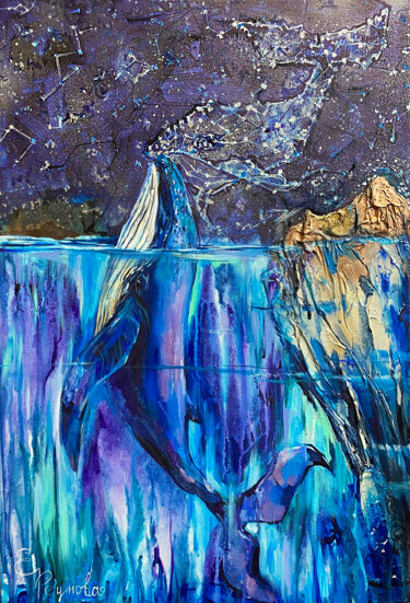 Whales from different worlds. A picture of a magical love st 绘画 标题为“Whales from differe…” 由Elena Reutova, 原创艺术品, 丙烯 安装在木质担架架上