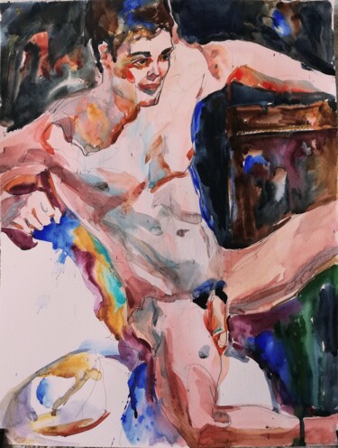 Pintura titulada "Male Nude with Hat…" por Jelena Djokic, Obra de arte original, Acuarela