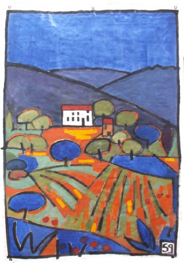 Le Mas bleu, Toile pour les Papillons de Carpentras Painting titled "Le Mas bleu, Toile…" by Sylvie Serre, Original Artwork, Acrylic